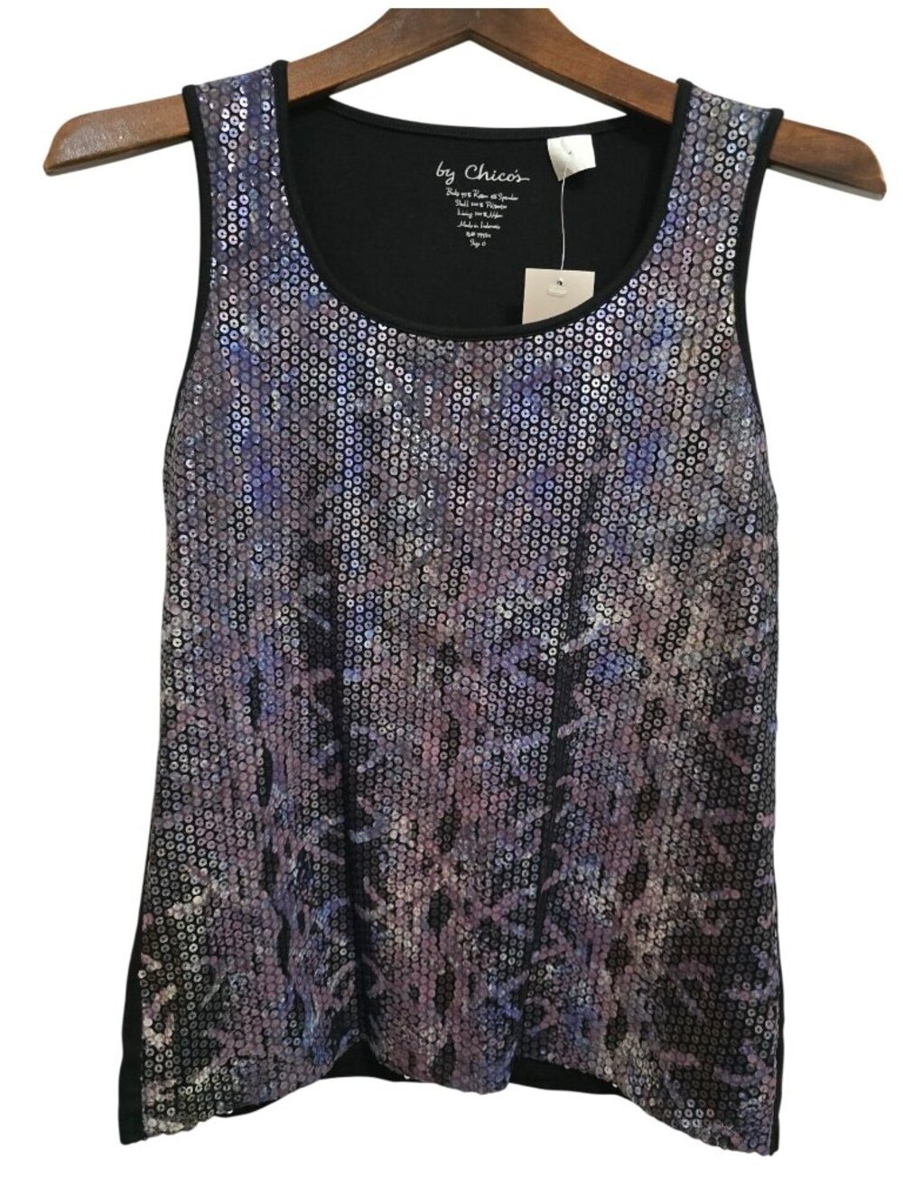 NWT Chicos Size 0 Sequin Tank Top Flocked Tantalizing Teal - Black Multi Color